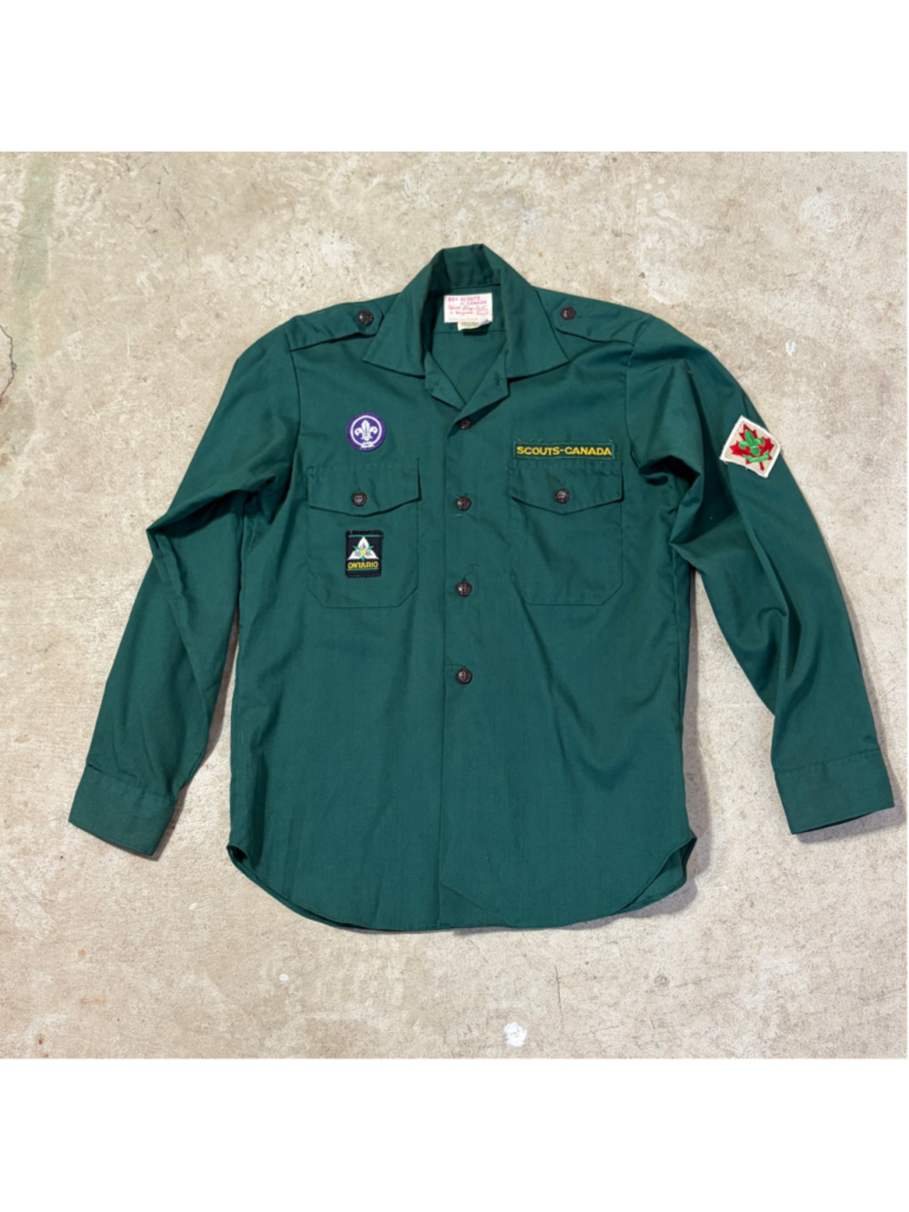 Vintage Boys Scouts Canada Button Down Shirt Youth Size 13 Green Patch Badge